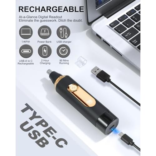 Nose Hair Trimmer for Men,2026 Professional Painless IPX7 Waterproof,USB Rechargeable with LED Display Dual-Edge Blades,Black