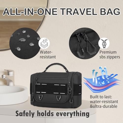 Tactical Toiletry Bag for Men - Hanging Mens Toiletry Travel Bag Shower Bathroom Organizer for Traveling, Shaving & Toiletries Kit, Portable Hygiene Bag with Handle & Swivel Hook, Black