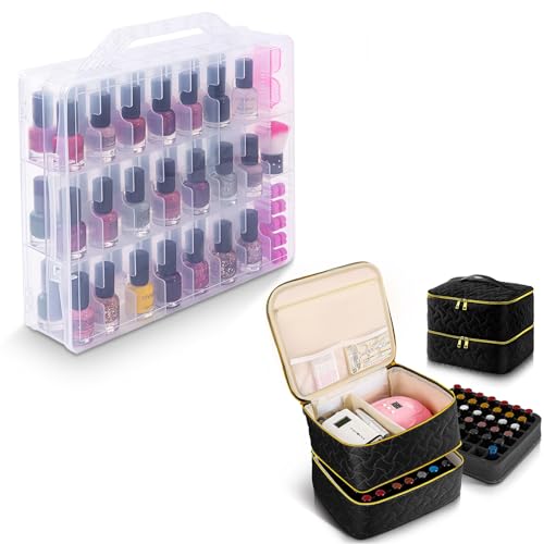 DreamGenius Gel Nail Polish Organizer Case for 48 Bottles, Nail Polish Organizer Case Holds 42 Bottles (15ml/0.5 fl.oz), Clear and Black