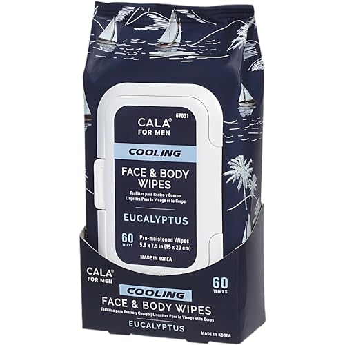 CALA for Men Cooling Face & Body Wipes, Eucalyptus Leaf Oil + Witch Hazel, Unscented Pre-Moistened Cleansing Tissues for Sweat & Grime, Soft Woven Cloth, 60 Sheets