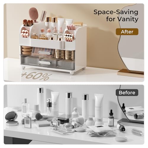 Makeup Organizer for Vanity with 2 Large Drawers, Cosmetic Display Case with Brush Holders, Easy to Storage for Bathroom Countertop Skincare, Perfume, White