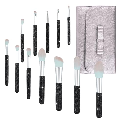 Makeup Brushes Bling Crystal Professional Face Cosmetics Blending Liquid Foundation Powder Concealer Eye Shadows Make Up Beauty Tool Glitter(12PCS) (Purely Handmade) (Black)