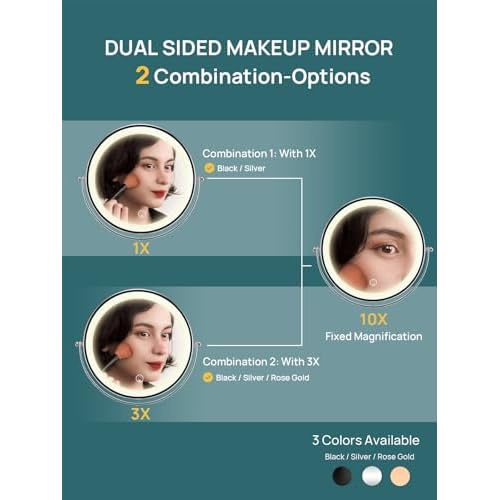 OMIRO 1X/10X Makeup Mirror with Lights,8.5 Inches Double Sided Vanity Mirror with Height-Adjustable Stand,Magnifying Mirror with 3 Color Light (Black)