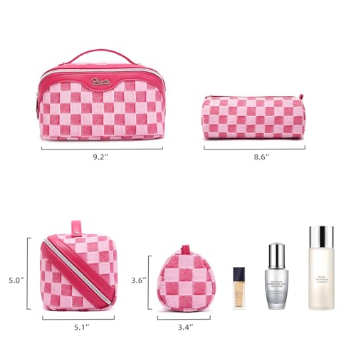 BOYATU Travel Makeup Bag for Women: Large Cosmetic Bag Set of 3 - PU Leather Make up Bag with Compartments - Compact Waterproof Toiletry Bag with Divider & Handle (D-4-Red)