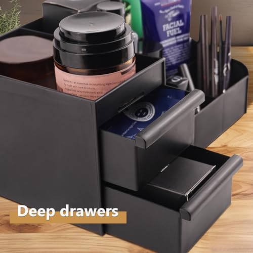 Black Vanity Organizer with Drawers ? Large Mens Countertop Storage Box for Cologne, Skincare, Makeup, Perfume ? Waterproof Dresser Organizer for Bathroom, Bedroom, Desk
