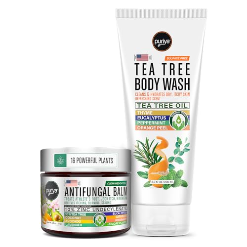 Puriya Tea Tree Oil Balm and Tea Tree Body Wash for Men, Women Bundle Set, Physician Formulated Extra Strength Soap, Doctor Formulated Athletes Foot Cream, Jock Itch, Fast Acting