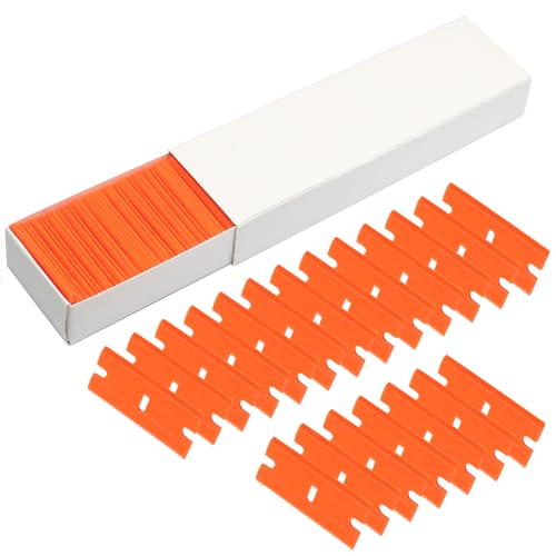 100 Pack Edged Plastic Blade, Safety Razor Blades Plastic Scraper Lightweight Replacement Blades, Easy Removal Tool for Decals Stickers Adhesive Label Glass Clean DIY, Orange