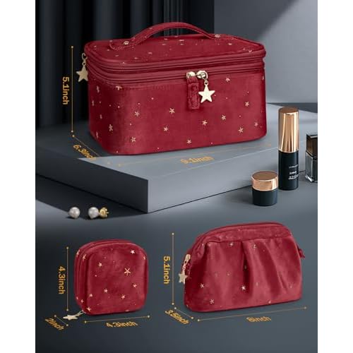 Wedama Makeup Bag, Double-layer Cosmetic Bag with Jewelry Storage and Brush Holders 3 Pcs Velvet Makeup Bag Set Travel Makeup Organizer Bags Portable Cosmetic Case Toiletry Bag for Women Girls, Red