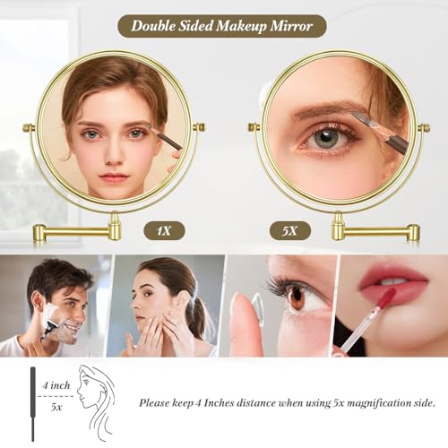 Cerdeco 8 Inch Double Sided Makeup Wall Mount Mirror with Gold Plated Finish 360 Swivel Extendable Cosmetic Shaving Mirror