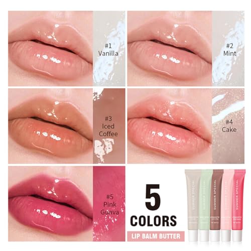5-Color Summer Special Lip Balm Butter-Shea Butter & Avocado Oil Formula, Lightweight & Non-Sticky, 5 Trending Shades (Vanilla/Mint/Iced Coffee/Cake/Guava), Soften Dry and Lip Care, Gift Box for Teens