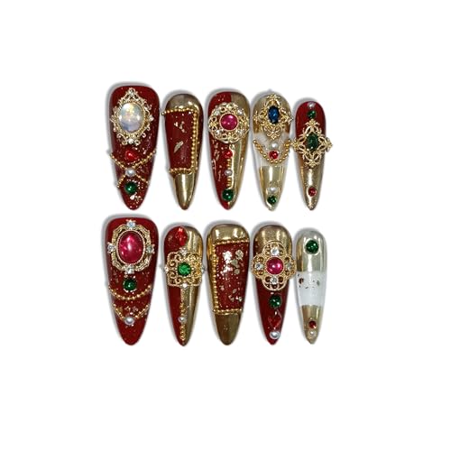 Imperial Bridal Press On Nails Long Stiletto,Phoenix Vermeil Ruby Filigree Designs Glue on Nails,Heirloom Cameo False Nails 10Pcs with Tools Kit,Reusable Wedding Fake Nails for Bride Matron(L)