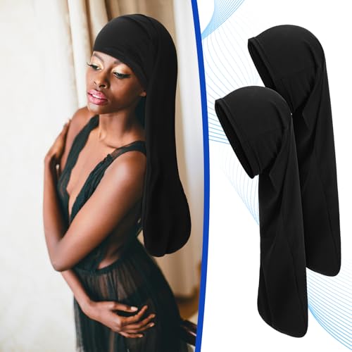 2 Pcs Jumbo Dreadlock Cap Hair Dreads Head Wrap Loc Wraps for Dreads Hair Accessories for Men Women Sleeping(Black,Black,25 Inches)