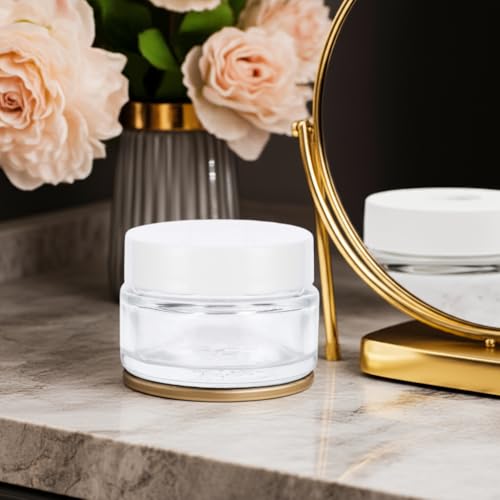 Clear Glass 0.50 oz / 15 ml Low Profile Thick Wall Balm Empty Jars (24 pack, White Smooth Foam Lined Lids)