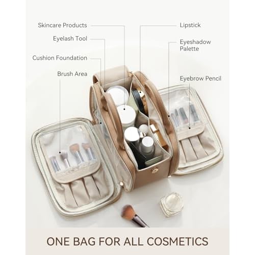 Prite Makeup Bag for Women, Large Capacity Waterproof Travel Cosmetic Organizer, Portable Open Flat Toiletry Bag with Free-standing Brush Holder and Handle(Beige Brown Medium)