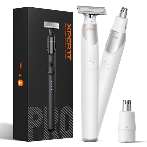 2 in 1 Electric Body & Nose Hair Trimmer - Painless Beard Razor for Men, All-in-One Groomer with Magnetic Nose Hair Head, Waterproof Wet/Dry Groin/Ball Shaver,USB-C Fast Charging,White(Solo)