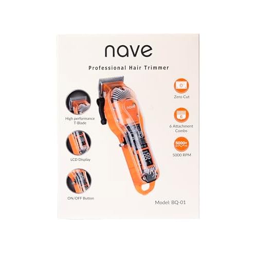 Nave Cordless Hair Clippers for Men ? Professional Zero Gap T-Blade Trimmer, Rechargeable, LCD Display, Adjustable Blade & Combs ? Home & Barbershop Use (Orange)