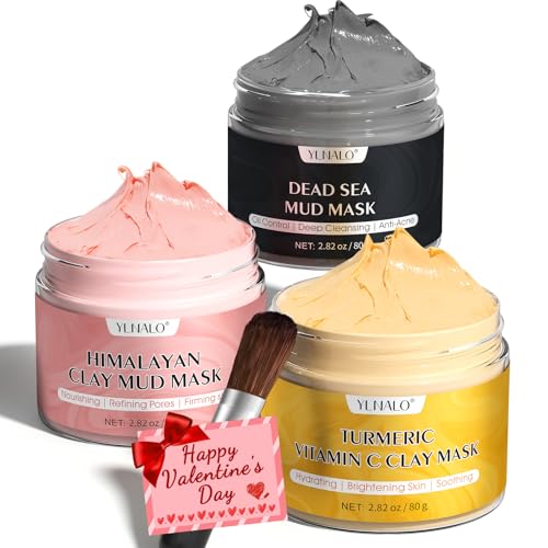 YLNALO Women's Day Skincare Gift 3 Pcs Clay Facial Mask Set - Turmeric Vitamin C, Dead Sea and Himalayan Clay Skin Care Mask for Deep Cleansing, Moisturizing, and Refining Pores, Spa Facial Mask Set