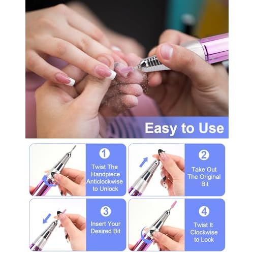 Electric Nail Drill Professional: Rechargeable Nail File with Bits for Acrylic Gel Nails, Professional Nail Drill Manicure Pedicure Polishing Shape Tools for Home Salon (Purple)