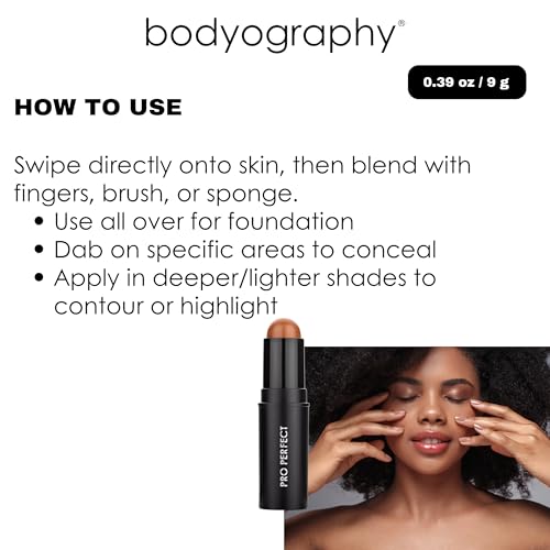 Bodyography Pro Perfect Foundation Stick - Demi-Matte Finish with A Natural Look - Enhancer for Concealing, Highlighting, and Contouring - Vitamin C & E (Honey)