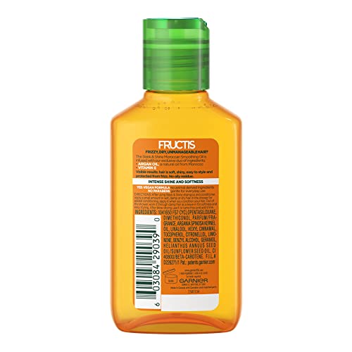 Garnier Fructis Sleek & Shine Moroccan Sleek Smoothing Oil for Frizzy, Dry Hair, Argan Oil, 3.75 Fl Oz, 1 Count (Packaging May Vary) | Moroccan Sleek, for Frizzy, Dry Hair, 3.75 Fl Oz, 1 Count, Packaging May Vary