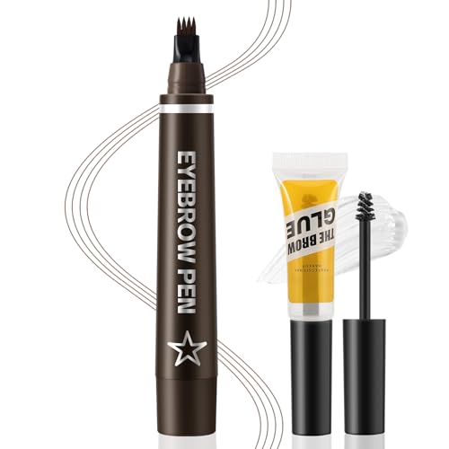 Microblading Eyebrow Pen,Waterproof Eyebrow Pencil With Micro 4-Fork Tip,Long Lasting Eye Brow Pen & Clear Brow Gel Set,Eye Makeup Pencil for Women,Dark Brown