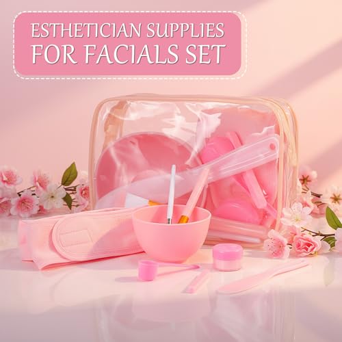 LemonRoad 34 Pcs Esthetician Facial Supplies Include Facial Bowls Brushes Jars Measuring Spoons Hairbands Esthetician Essentials Valentines Gift Set For Women(Pink)