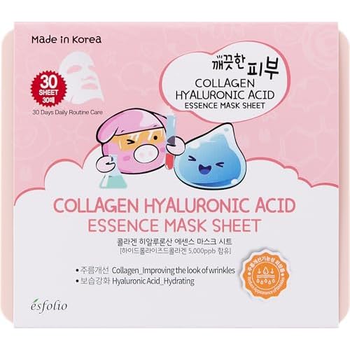 esfolio Made in Korea 30 Sheets Pure Skin Collagen Hyaluronic Acid Essence Facial Mask ? Hydrating Face Mask for Smooth, Firm, and Supple Skin