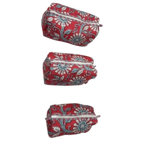 Cotton Hand Block Floral Print Toiletry Bag for Women, Makeup Cosmetic Organizer, Travel Accessories Set of 3 (floral-red)