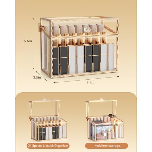 Youdepot Lipstick Organizer Holder - 24 Spaces, Tempered Glass Lip Gloss and Perfume Organizer,Vanity Lipstick Holder and Organizer.