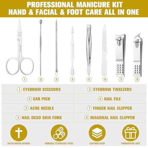 Yinkin 16 Pack Easter Christian Bulk Gifts Nail Clipper Set Jesus Loves You Manicure Set 8 in 1 Nail Pedicure Kit Basket Stuffers Fillers for Men Dad Husband Gifts Grooming Kits with Leather Case
