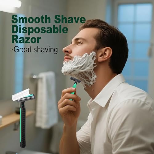 Disposable Twin Blade Razors in Bulk, Individually Wrapped - Clear Safety Cap, For Homeless, Hotel, Airbnb, Travel (pack of 50,green)