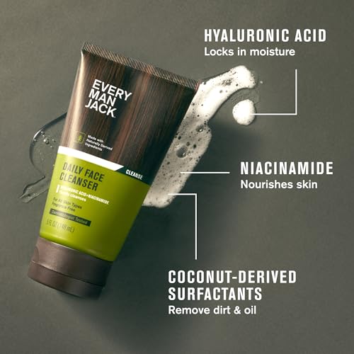 Every Man Jack Hydrating Face Wash for Men with Hyaluronic Acid & Niacinamide ? Gently Removes Dirt and Oil, Revives Dry, Dull Skin ? 5 fl oz (2 Pack)