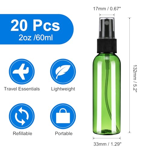 uxcell 20Pack Spray Bottles, 2 Oz/60ML Reusable Clear Empty Mist Plastic Mini Travel Bottle Set,Small Refillable Liquid Containers for Household Use, Essential Oil, Cleaning (Green Black)