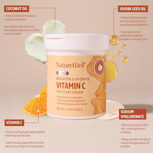 NATURE WELL Clinical Vitamin C 16oz & Collagen Peptide 10oz Moisturizing Cream Bundle for Face, Body, & Hands, Plump & Nourish, Brighten & Smooth, Provides Intense Hydration For Dry & Dull Skin