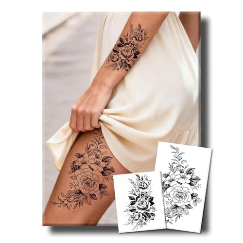 Semi Permanent Tattoos, 2 Sheets Realistic Large Thigh Temporary Tattoo for Women Adult, Fake Tattoos for Arms Calves Waist, Waterproof, No Reflective, Lasts 1 Weeks(Sexy Floral Rose Tattoo)