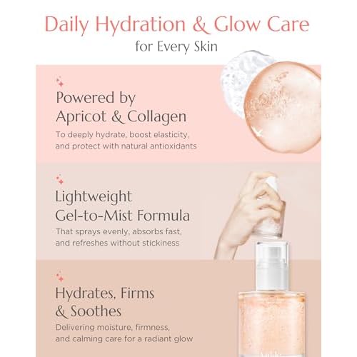 Apricot Collagen Gel Serum Mist Korean Face Moisturizer Spray - 8 Layer Hyaluronic Acid and Bakuchiol - Heart Shape Clear Keychain Refillable Travel Portable Bottle, 3.38oz