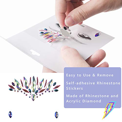 AOMIG Face Gems Glitter, 6 Pcs Rhinestone Face Glitter Stickers, Mermaid Face Jewels Stick On, Crystal Tears Gem Stones Eyes Face Body Temporary Tattoos Stickers for Christmas Makeup Gift
