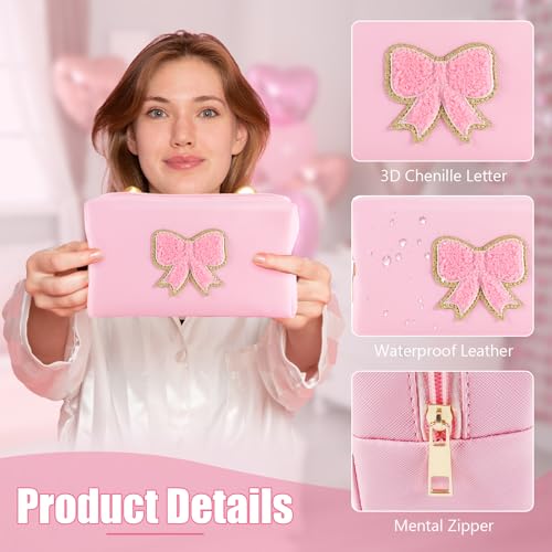 6 Pcs Pink Bow Makeup Bags PU Leather Cosmetic Bag Make up Toiletry Pouch Bulk Portable Travel Organizers Case Cute Coquette Stuff for Girls Women Bachelorette Birthday Party Gifts (01 Pink)