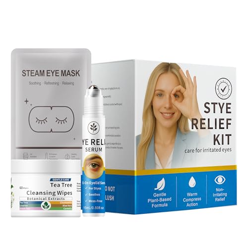 Stye Treatment Set : Eye Relief Serum with Rollerball, Tea Tree Wipes & Steam Masks for Styes, Blepharitis, Chalazion ? Soothes Redness, Irritation & Daily Care for Sensitive Eyes