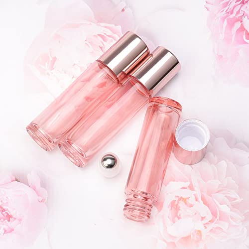 JIUWU 33Pcs Glass Roll on Bottles, 10ml Bright Rose Gold Roller Bottles Vials for Perfumes Aromatherapy Essential Oils Lip Balm Liquid, Accessories include