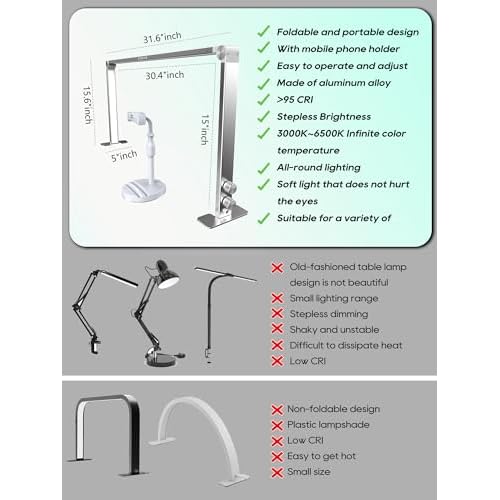Portable Desk Lamp for Nail Tech, 3 Color Temperature, 4000-6000K Brightness Adjustable LED Nail Light for Desk