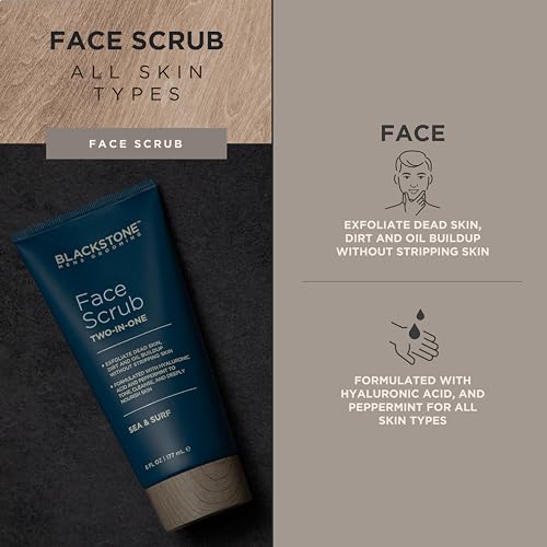 Blackstone Men's Grooming 2-in-1 Facial Scrub & Shave Gel with Hyaluronic Acid and Peppermint - Cleanse & Exfoliate | Hydrates Skin After Shaving | USA Made, Sea & Surf (6 Fl Oz)