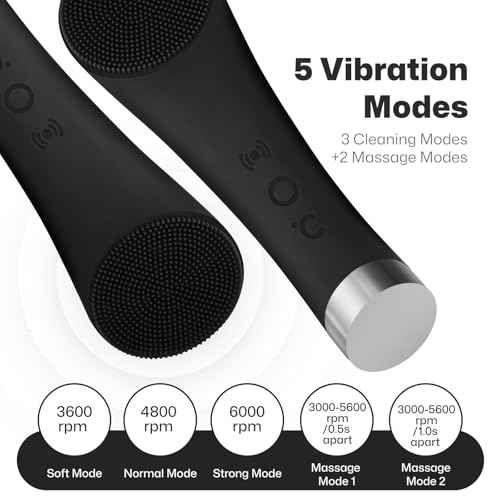 PRITECH Facial Cleansing Brush, Rechargeable Silicone Face Scrubber with Heat Massage End, Vibrating Exfoliator Scrubber for Deep Cleaning, Waterproof Face Brush for Women and Men (Black)