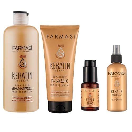 FARMASi Keratin Therapy Hair Care Set: Repairing Shampoo 12.2 fl oz, Hair Mask 6.7 fl oz, Leave-In Serum 1 fl oz, Repair Spray 3.9 fl oz for Dry Damaged Hair, Smoothness & Shine System