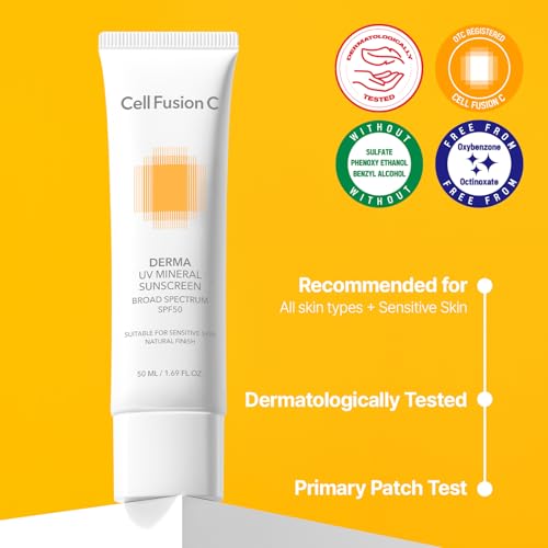Cell Fusion C Derma UV Mineral Sunscreen SPF 50, Face Sunscreen for Sensitive Skin, Made with 19% of Zinc Oxide, Natural Finish, 50ml / 1.69 fl.oz