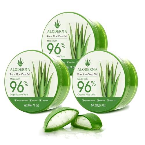 Aloderma Aloe Vera Gel Made within 12 Hours of Harvest with 96% Pure Organic Aloe Vera for Skin, Scalp, & Hair, Soothing Aloe Face Moisturizer, Multipurpose, Hydrating Aloe Gel, 7oz, 3-Pack
