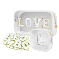 Personalized Travel Makeup Bag Set, 2PCS Toiletry Bag & 26 Chenille Letters, Elegant Skincare Bag, DIY Bridal Shower Gifts for Engagement Wedding (White)