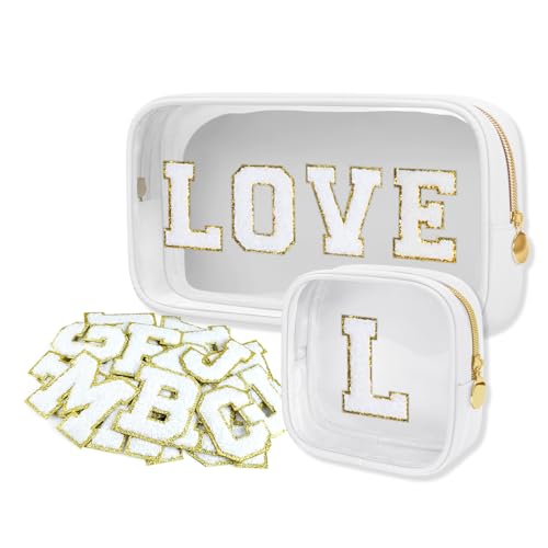 Personalized Travel Makeup Bag Set, 2PCS Toiletry Bag & 26 Chenille Letters, Elegant Skincare Bag, DIY Bridal Shower Gifts for Engagement Wedding (White)