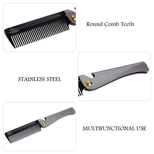 Pocket Folding Beard Comb Metal, Stainless Steel Moustache Comb with Smooth Round Teeth for Men Grooming and Beard Maintenance Tool (Black + Stainless Steel Plating)