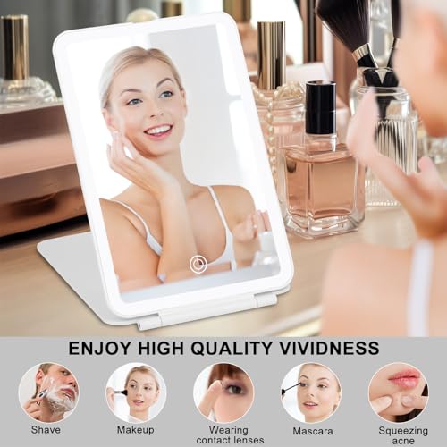 Travel Makeup Mirror with 3 Colors Light Modes, Folding Vanity Mirror with Lights, Adjustable Brightness, USB Rechargeable, Portable, Ultra Thin (White)